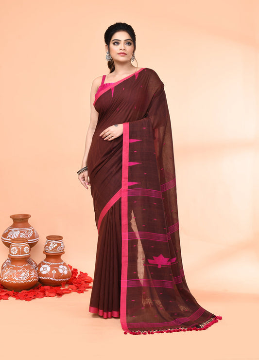 Piyari Fashion Women`s Brown Mul Cotton Handloom Jamdani Saree With Blouse