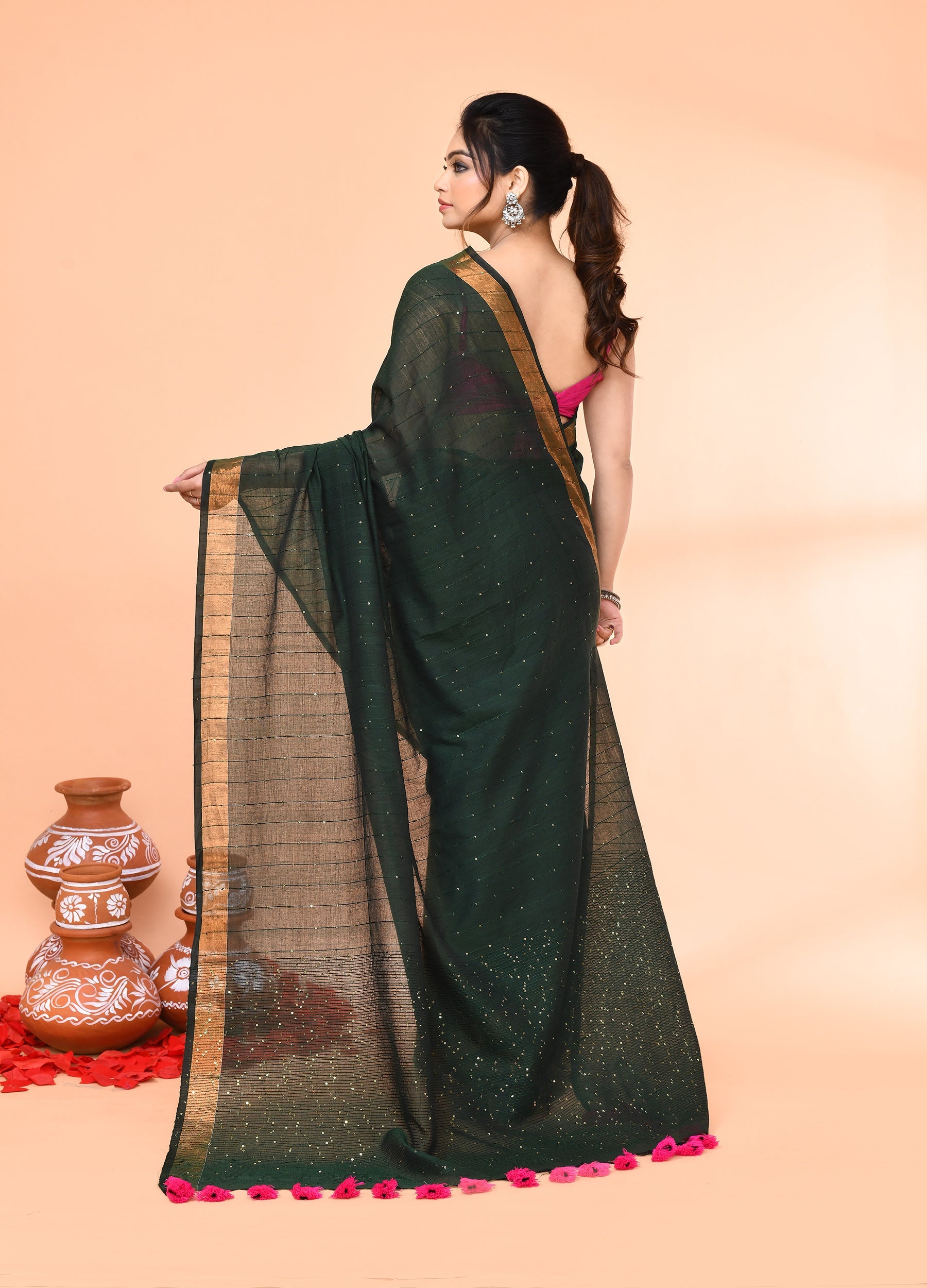 Piyari Fashion Women`s Cotton Handloom Dark Green Sequin Saree With Blouse