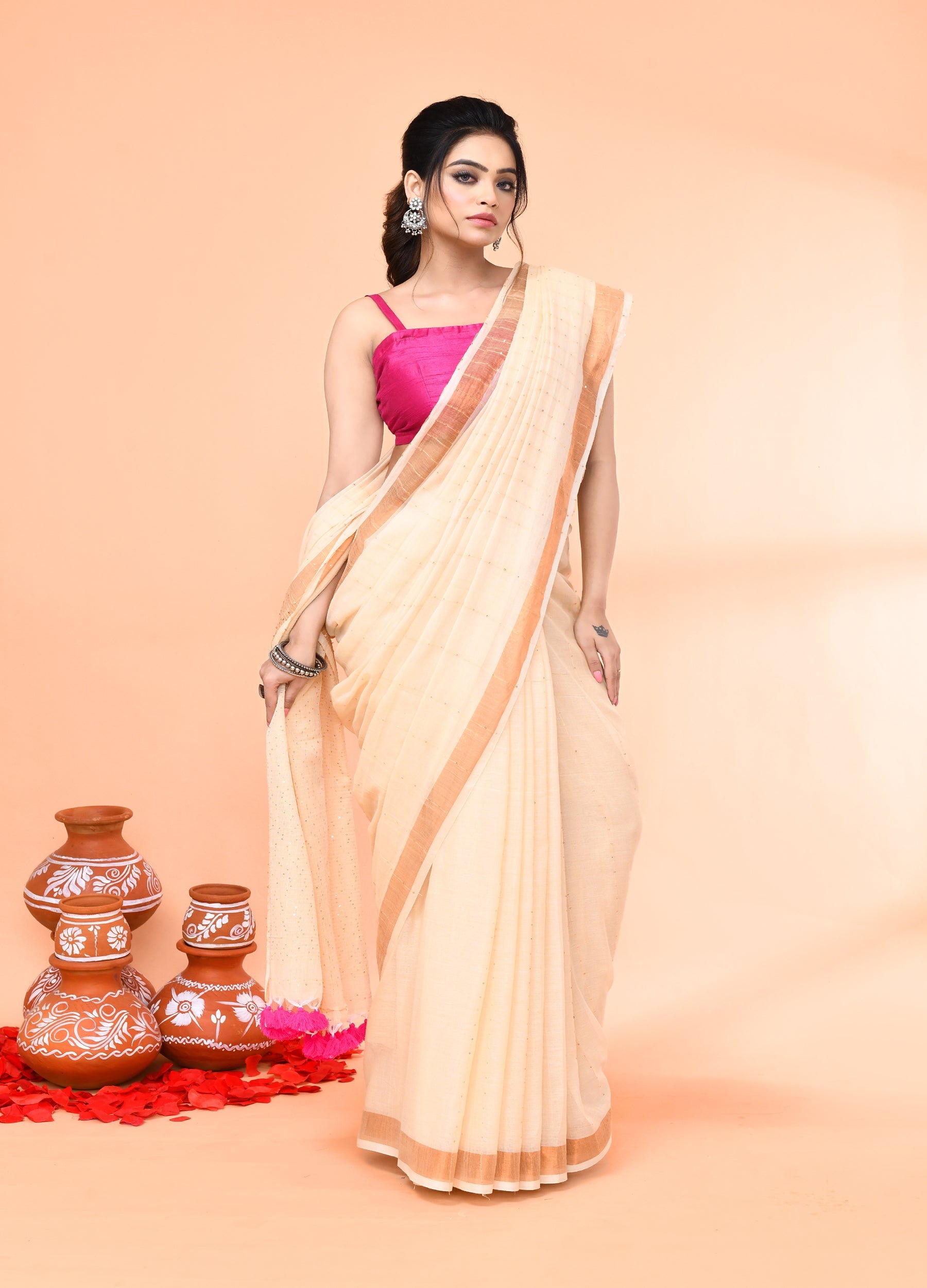 Piyari Fashion Women`s Cotton Handloom Light Tan Sequin Saree With Blouse