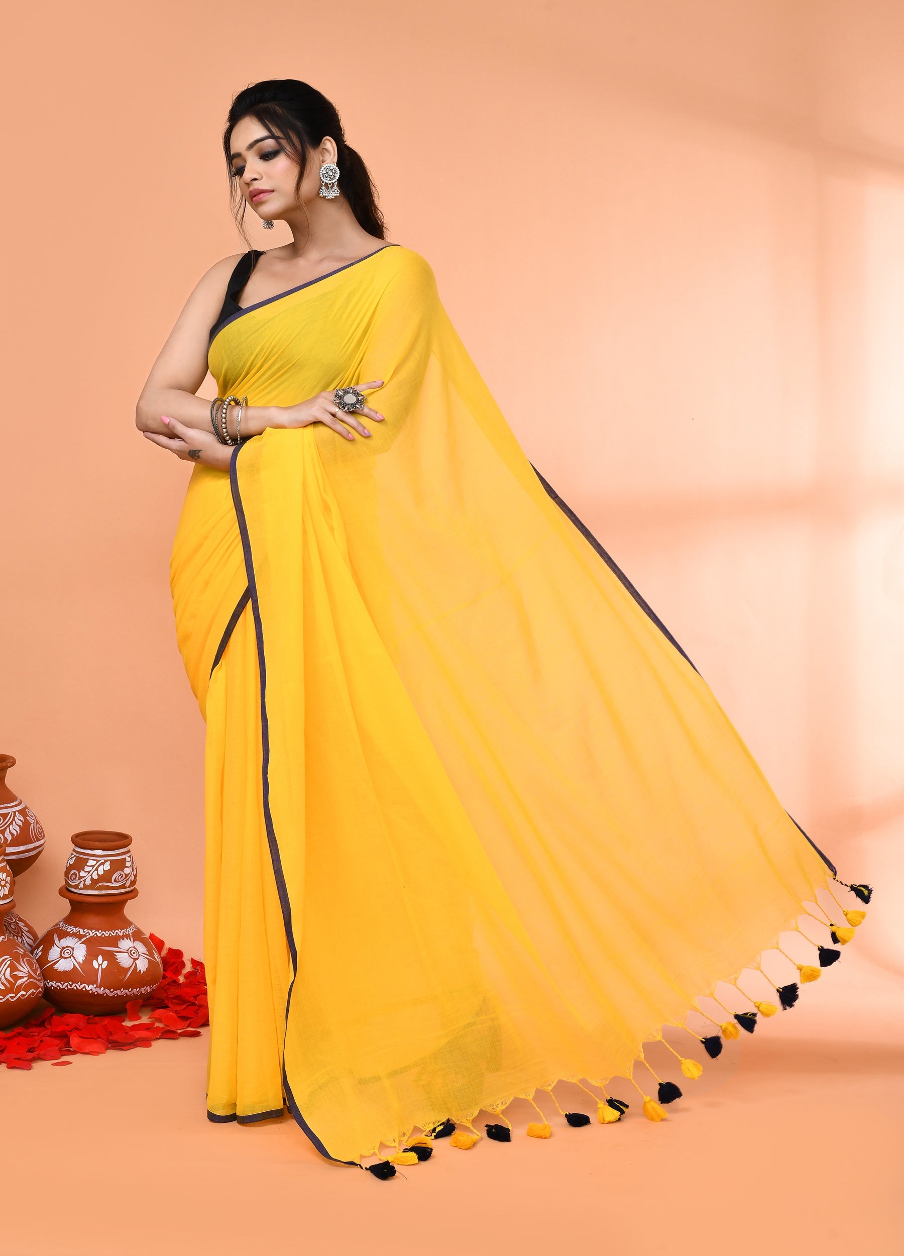 Piyari Fashion Yellow Mulmul Cotton Saree With Tassels