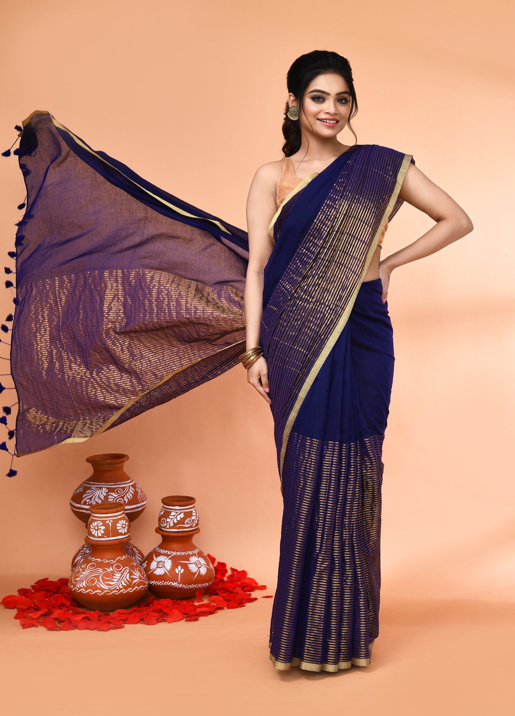 Piyari Fashion Women`s Blue Cotton Handloom Saree With Gold Zari Stripes