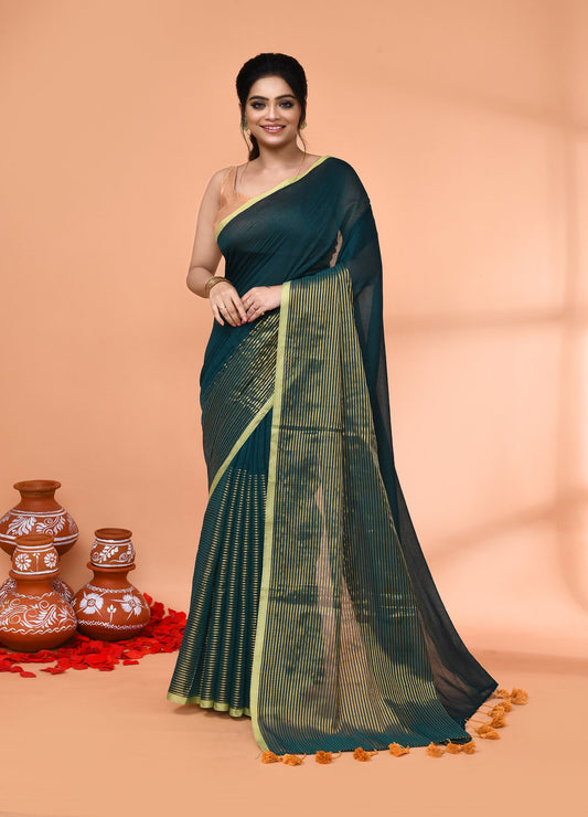 Piyari Fashion Women`s Teal Cotton Handloom Saree With Gold Zari Stripes