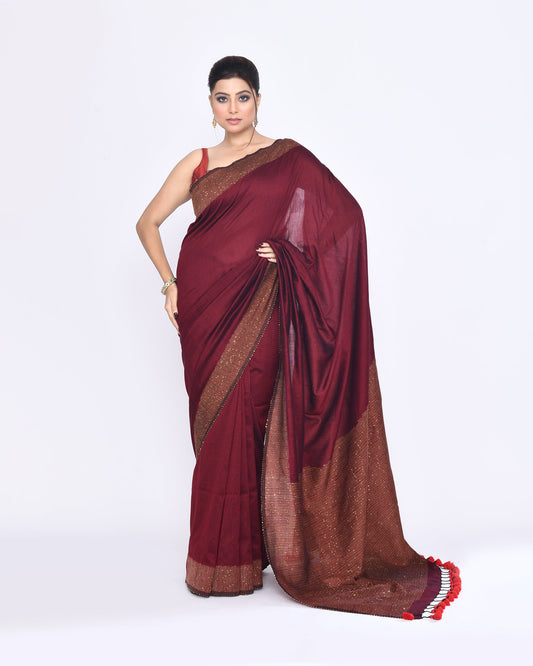 Piyari Fashion Women's Maroon Embellished Sequined Cotton Saree