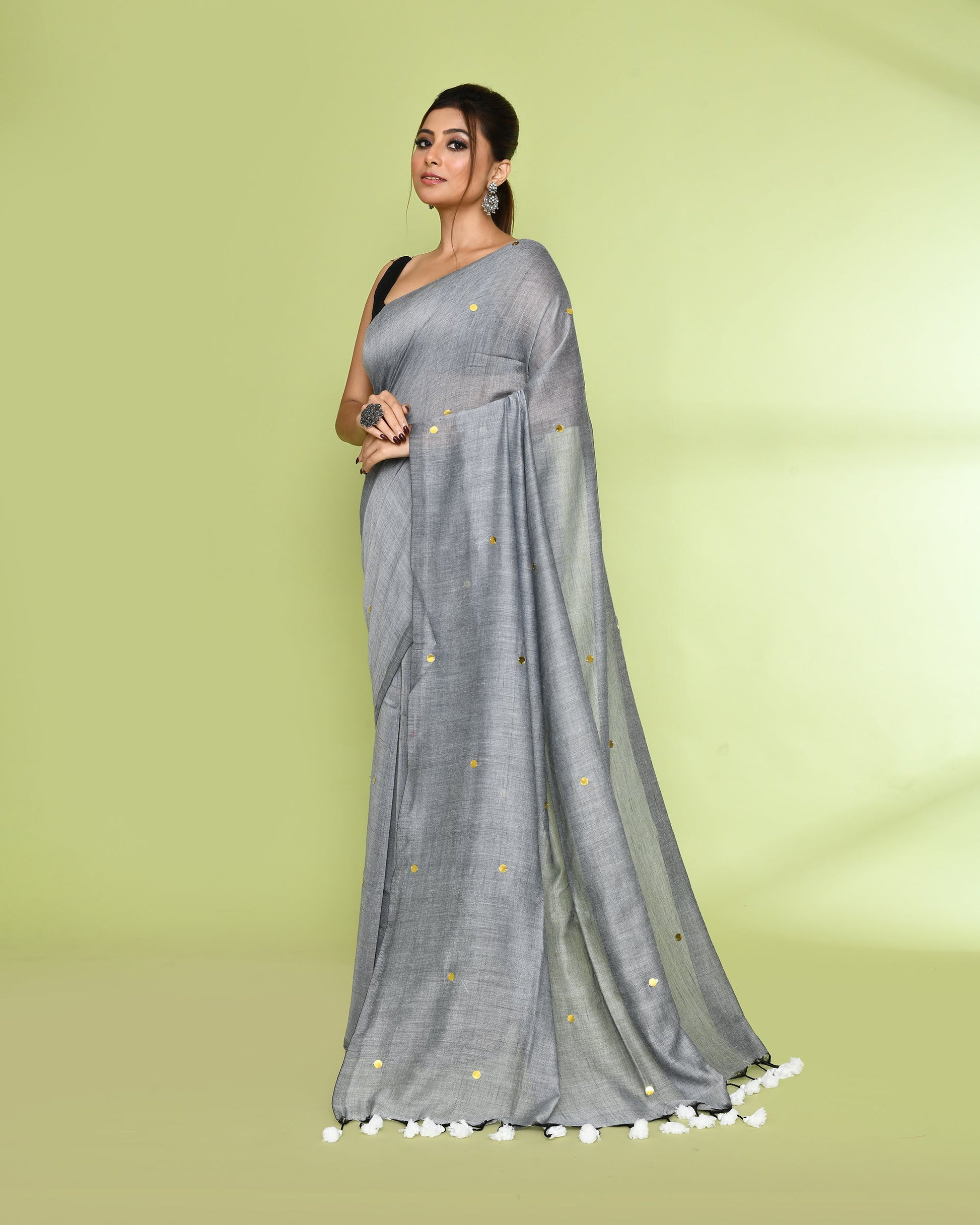 Piyari Fashion Women's Silver Grey Embellished Sequined Cotton Saree