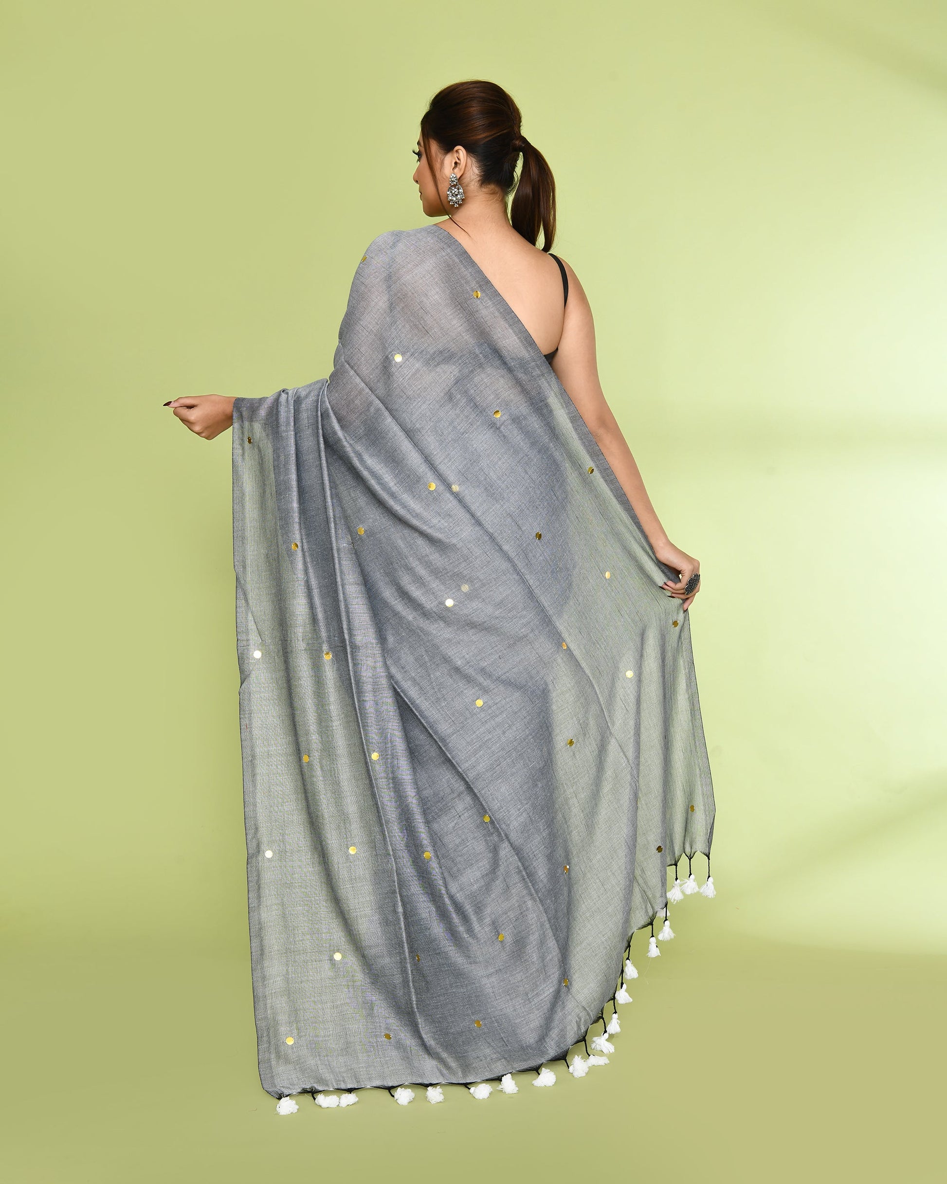 Piyari Fashion Women's Silver Grey Embellished Sequined Cotton Saree