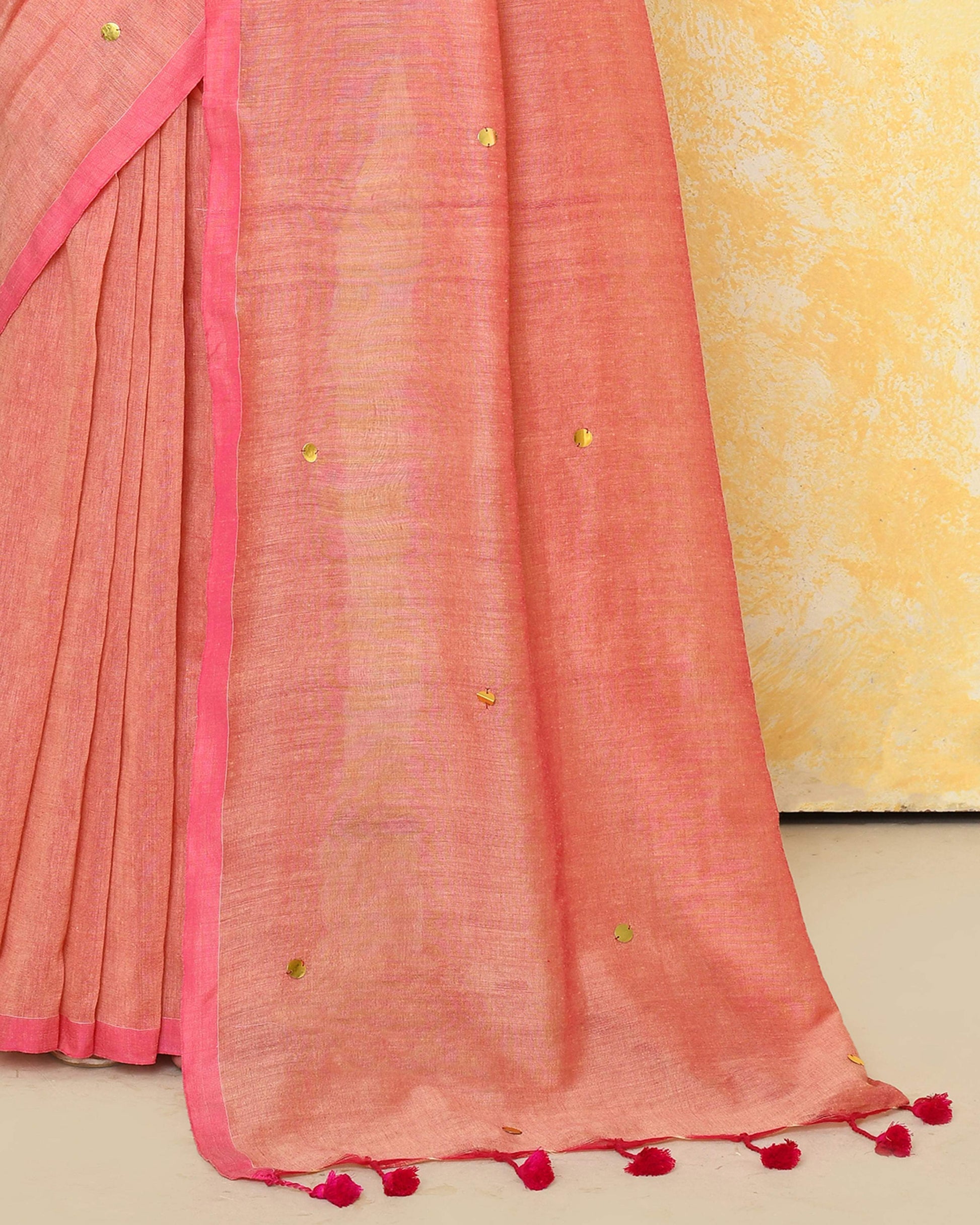 Piyari Fashion Women's Peach Sequin Work Soft Pure Cotton Saree With Blouse Piece