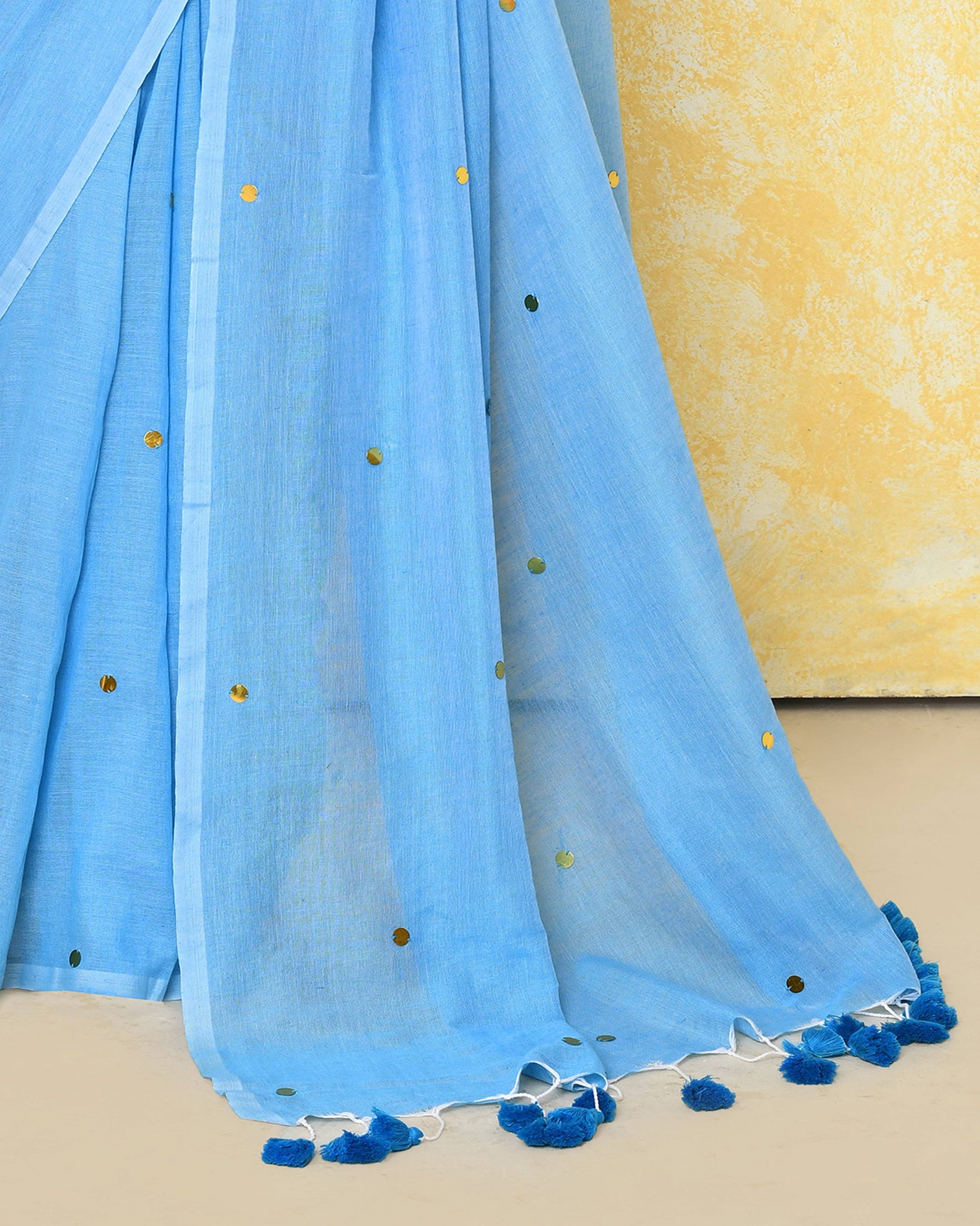 Piyari Fashion Women's Sky Blue Sequin Work Soft Pure Cotton Saree With Blouse Piece