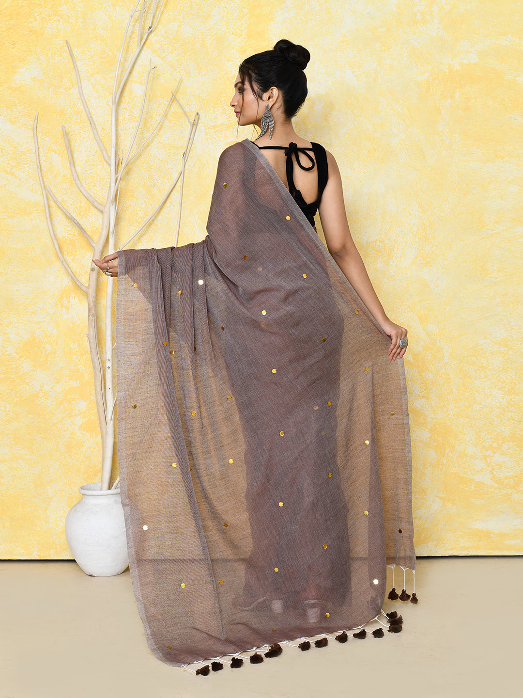 Piyari Fashion Women's Mocha Sequin Work Soft Pure Cotton Saree With Blouse Piece