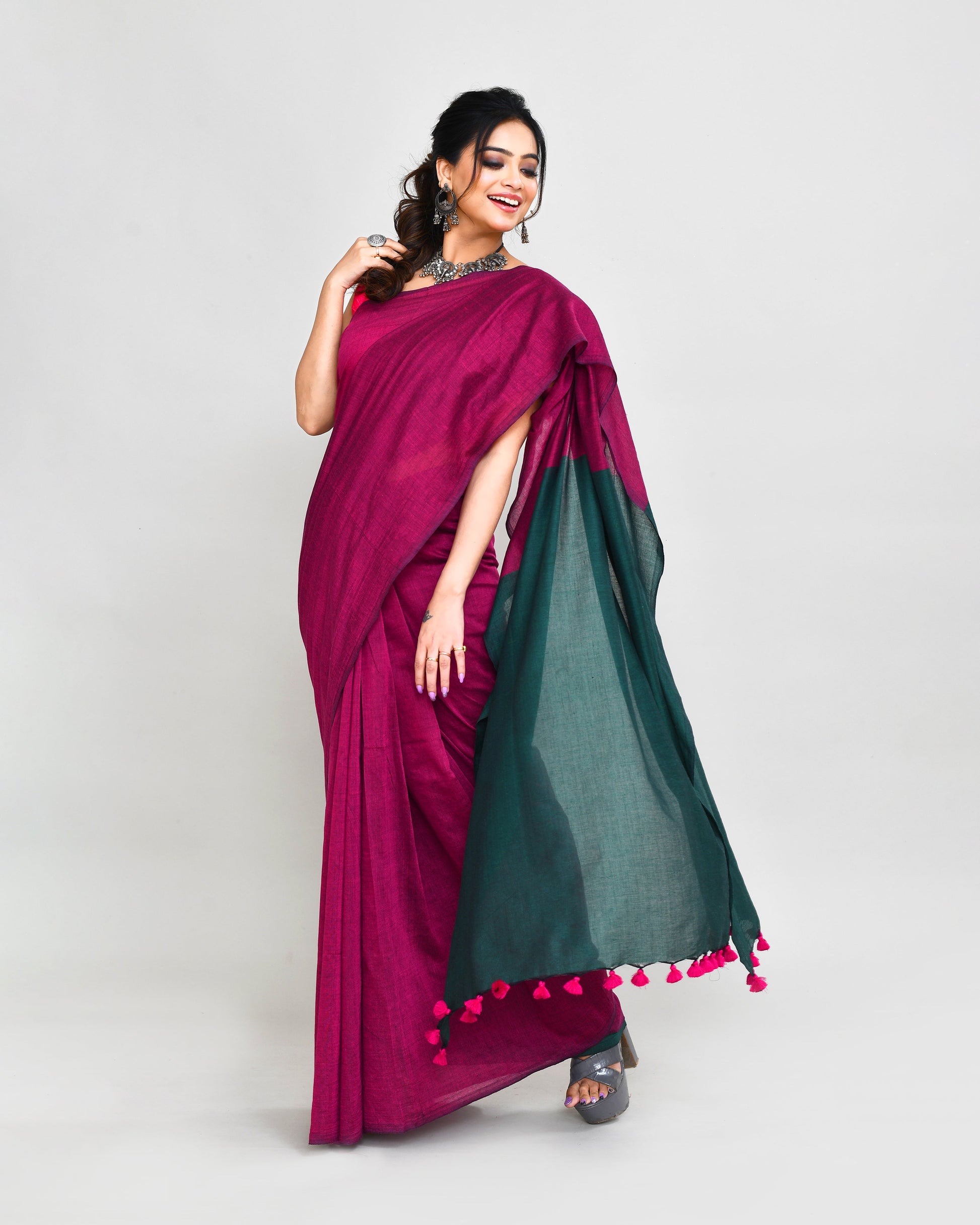 Piyari Fashion Handspun Cotton Rani Pink Handloom Saree With Blouse