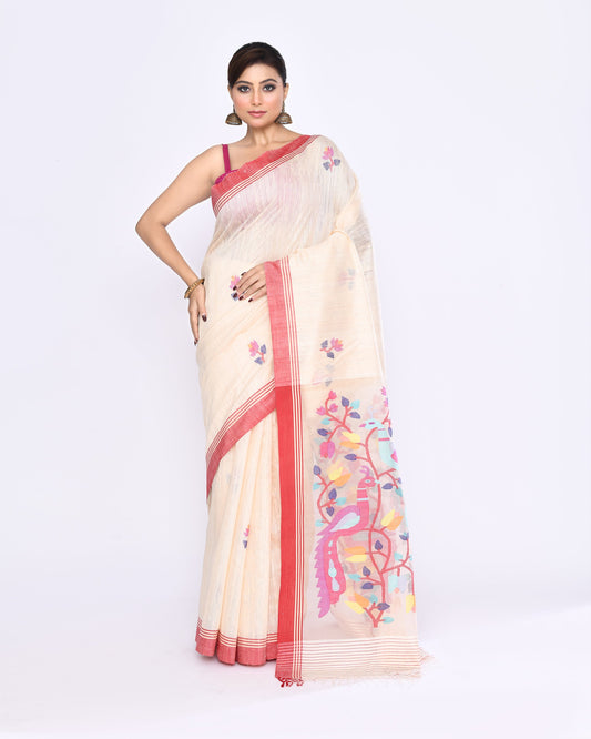 Piyari Fashion Women's Off White Embellished Matka Silk Jamdani Saree