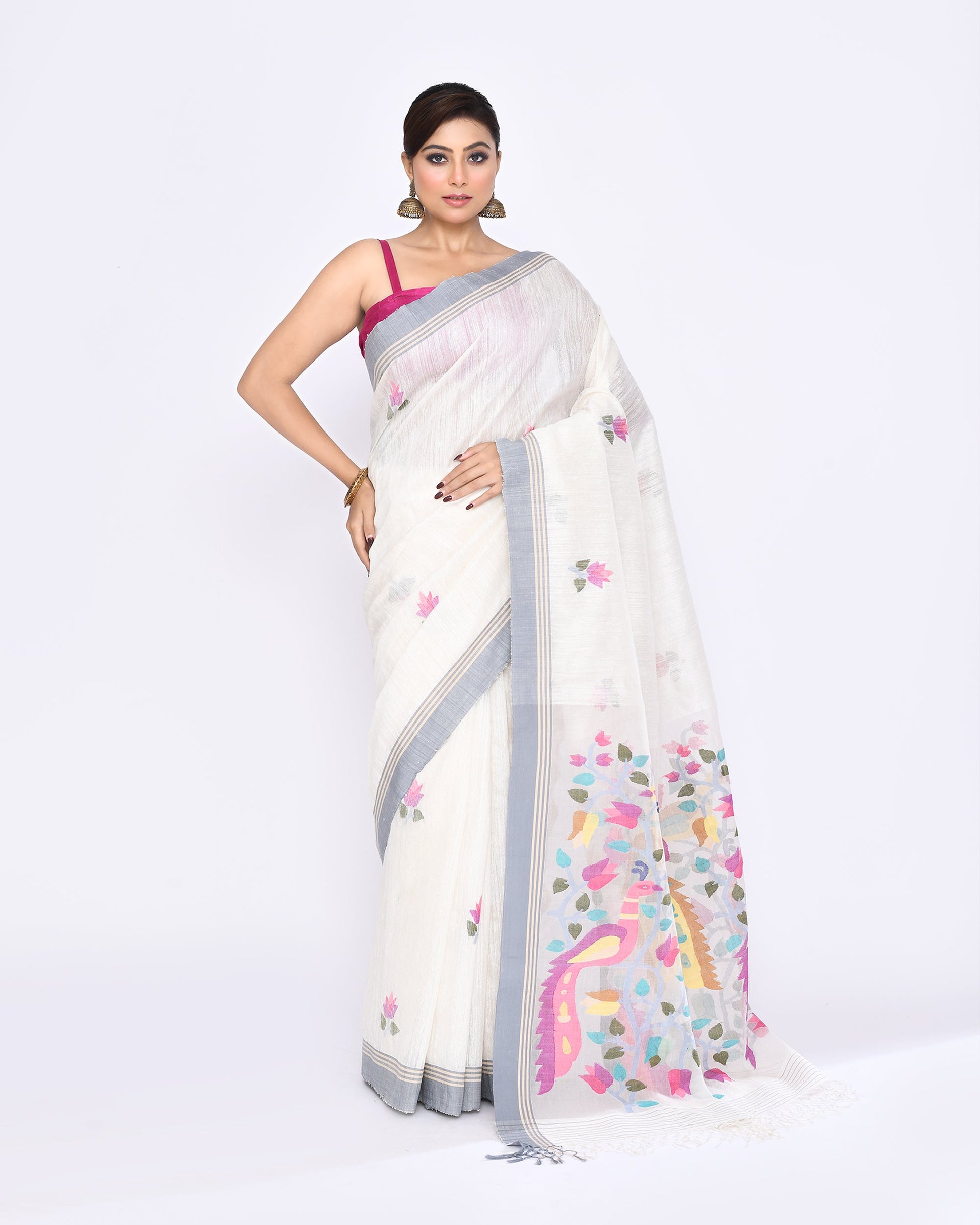 Piyari Fashion Women's Off White Embellished Matka Silk Jamdani Saree