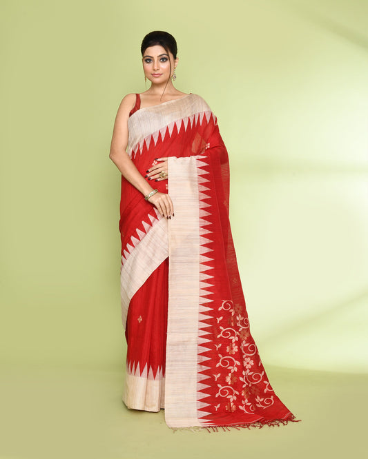 Piyari Fashion Women's Red Embellished Matka Silk Jamdani Saree