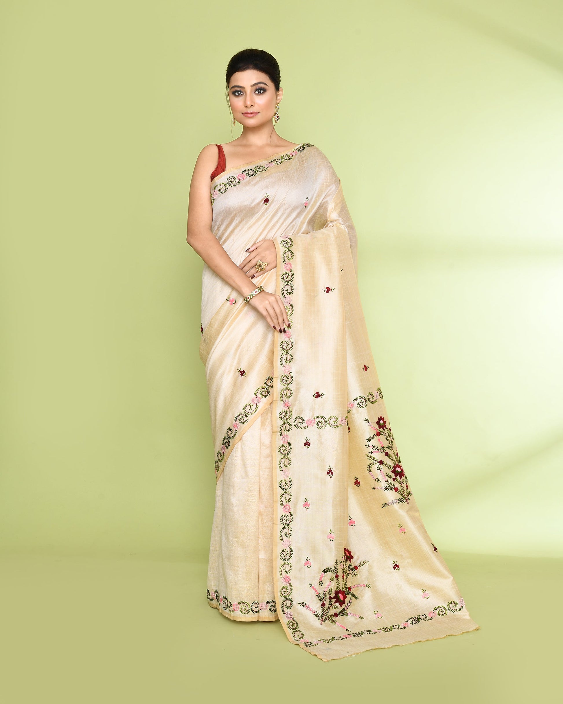 Piyari Fashion Women's Beige Embellished Embroidery Silk Saree