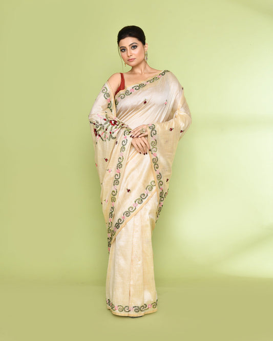 Piyari Fashion Women's Beige Embellished Embroidery Silk Saree