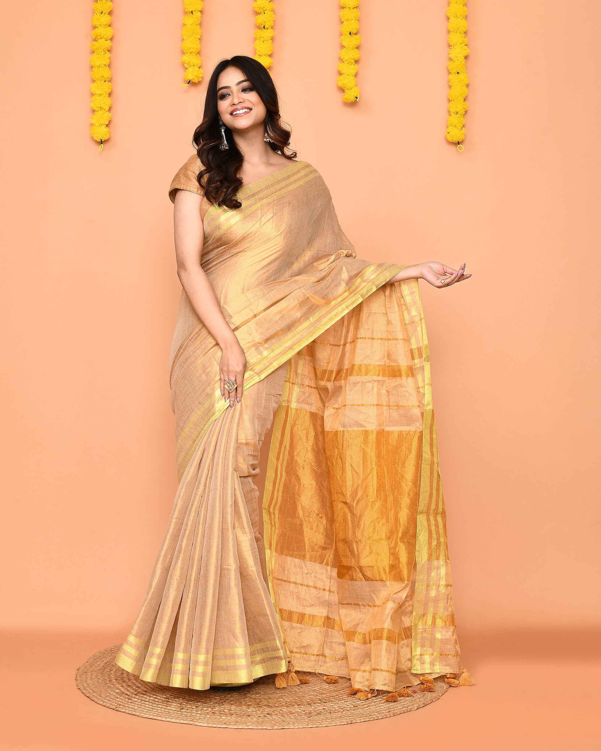 Piyari Fashion Women's Beige Zari Cotton Handloom Tissue Saree