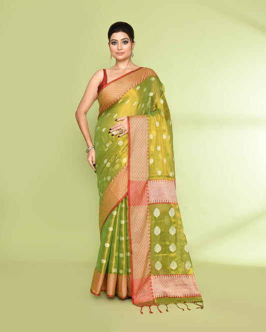 Piyari Fashion Women's Parrot Green Zari Cotton Tissue Jamdani Saree