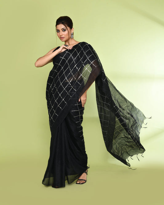 Piyari Fashion Women's Black Zari Cotton Tissue Sequin Saree