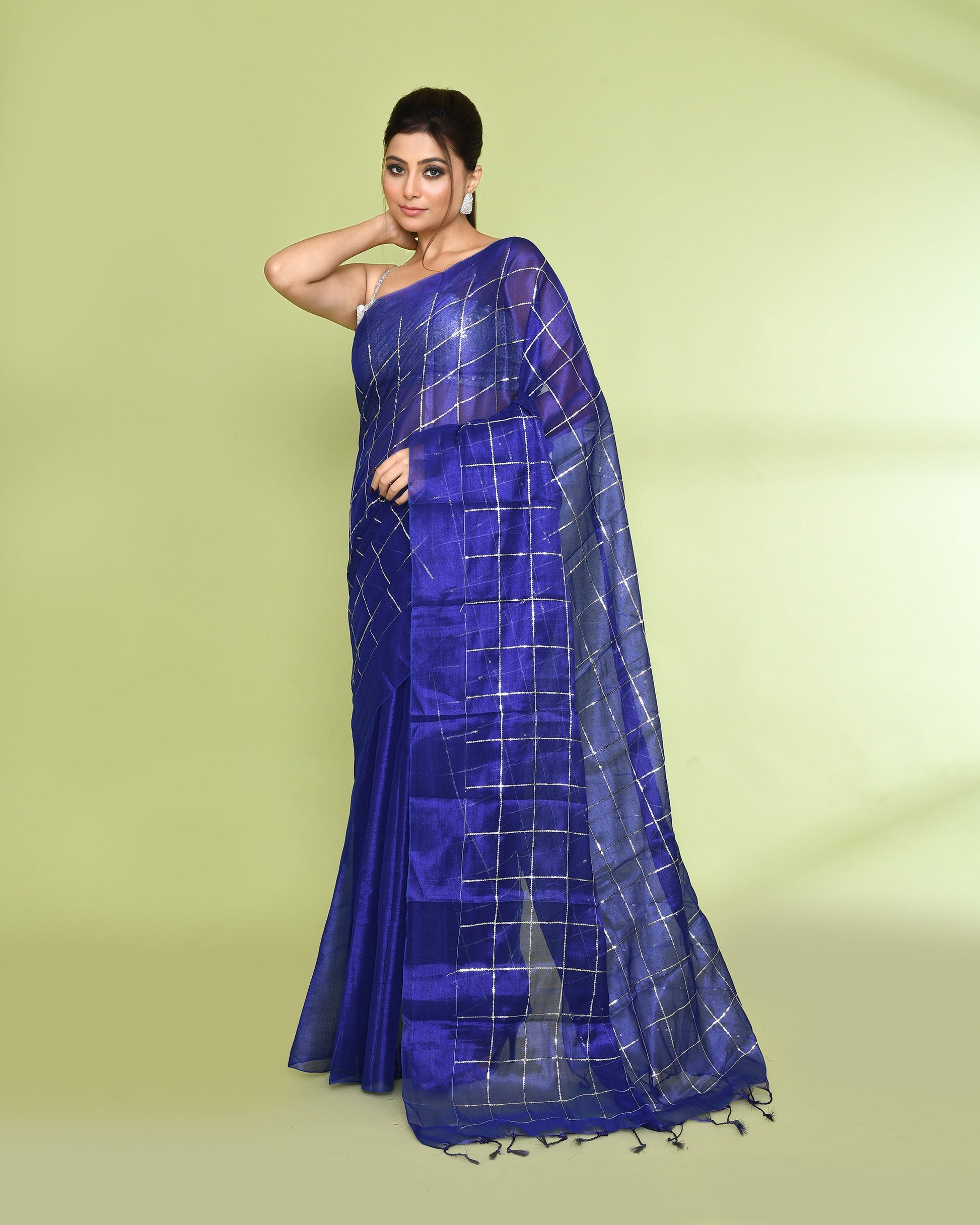 Piyari Fashion Women's Blue Zari Cotton Tissue Sequin Saree