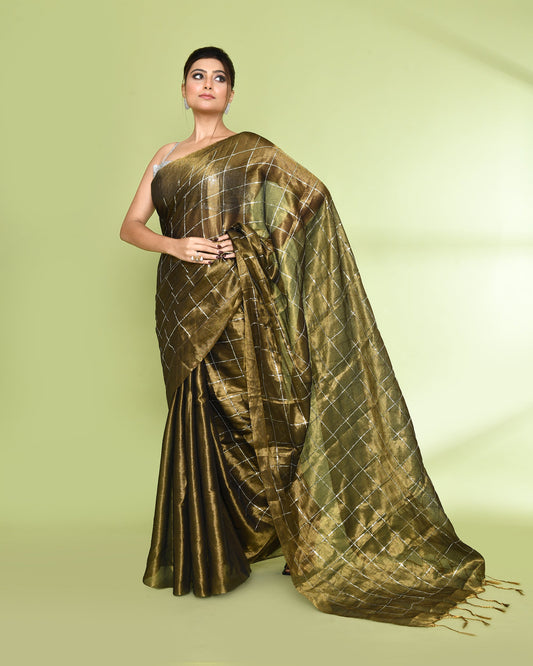 Piyari Fashion Women's Golden Zari Cotton Tissue Sequin Saree