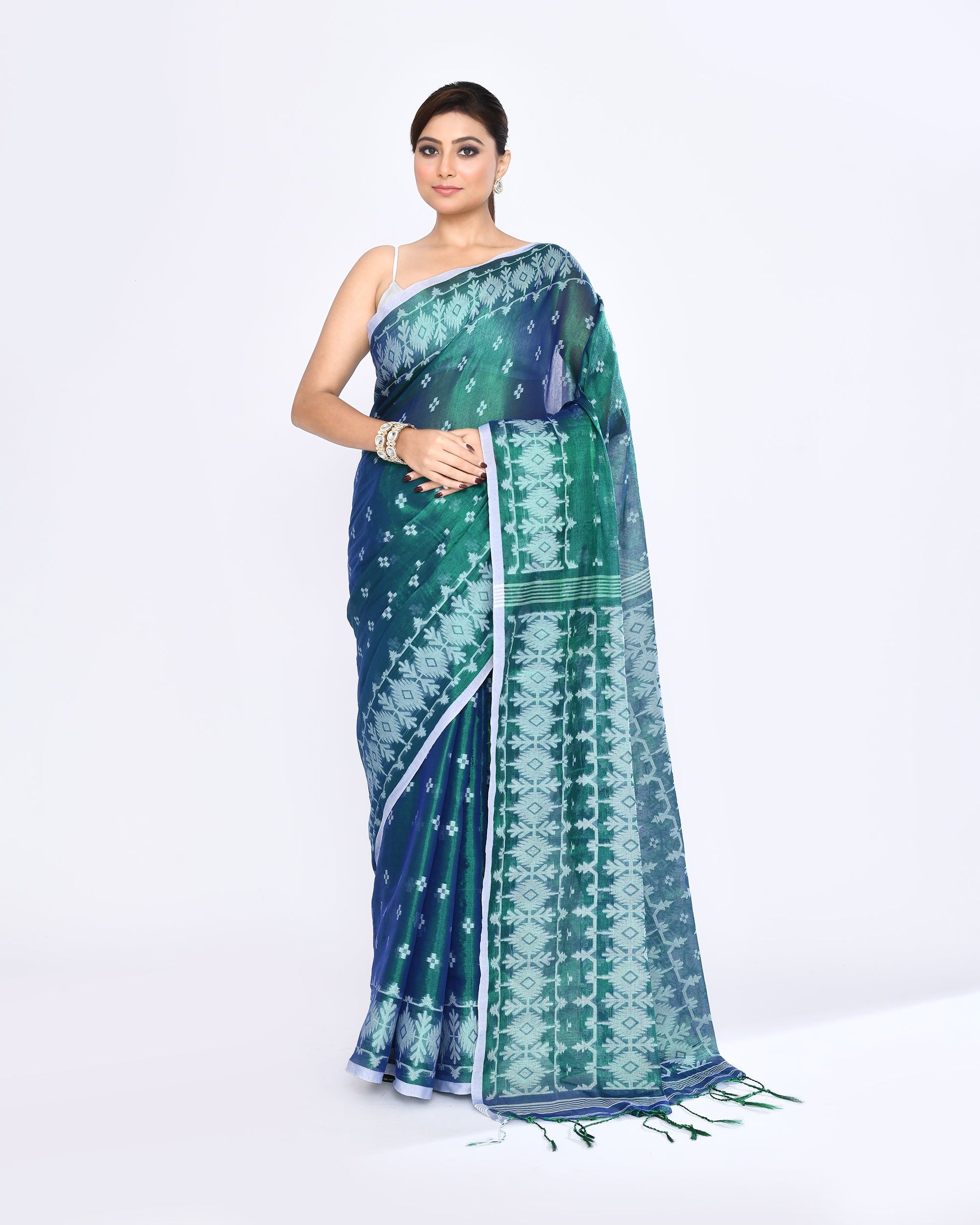 Piyari Fashion Women's Blue Green Zari Cotton Tissue Jamdani Saree
