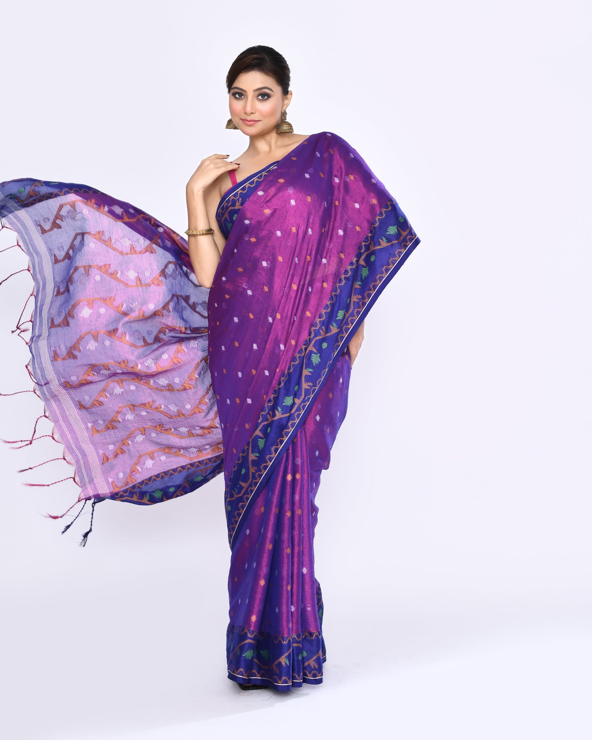 Piyari Fashion Women's Pink Blue Zari Cotton Tissue Jamdani Saree
