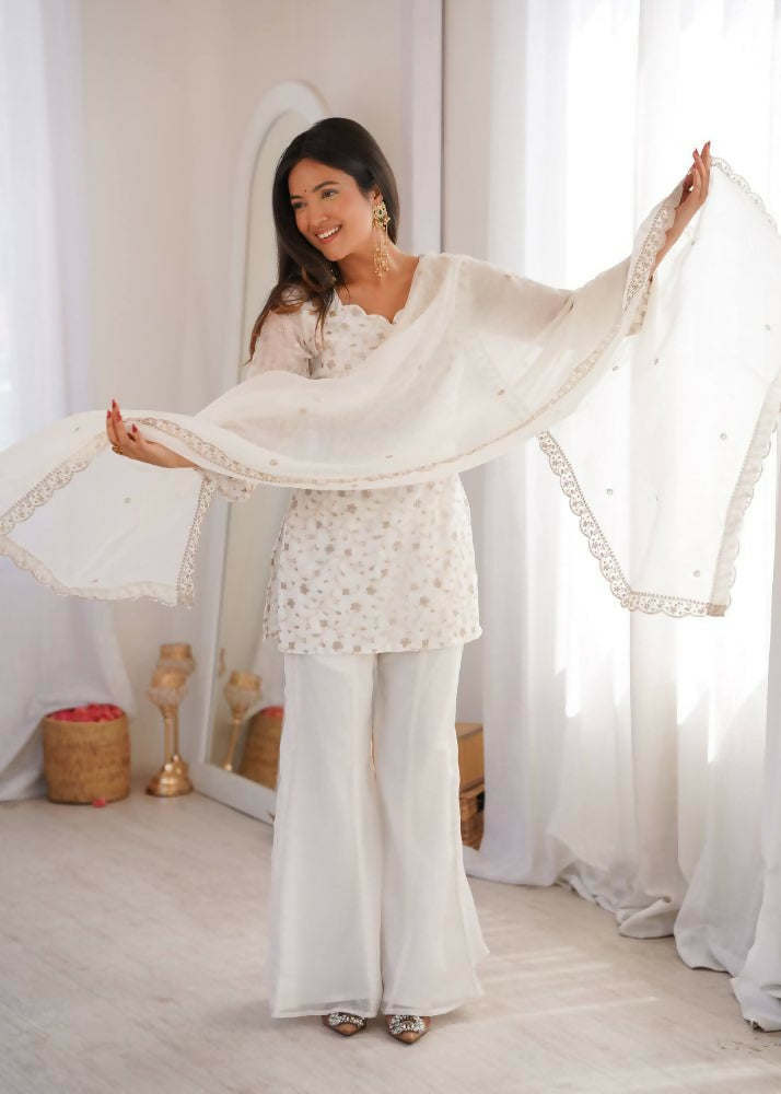 Teeya Creation White Embroidered Short Kurti Sharara Suit Set With Dupatta