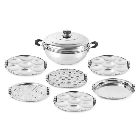 Cello Stainless Steel Induction Base Idli Cooker (Idly Maker) And Multi Kadhai With 6 Plates - Grab2buy