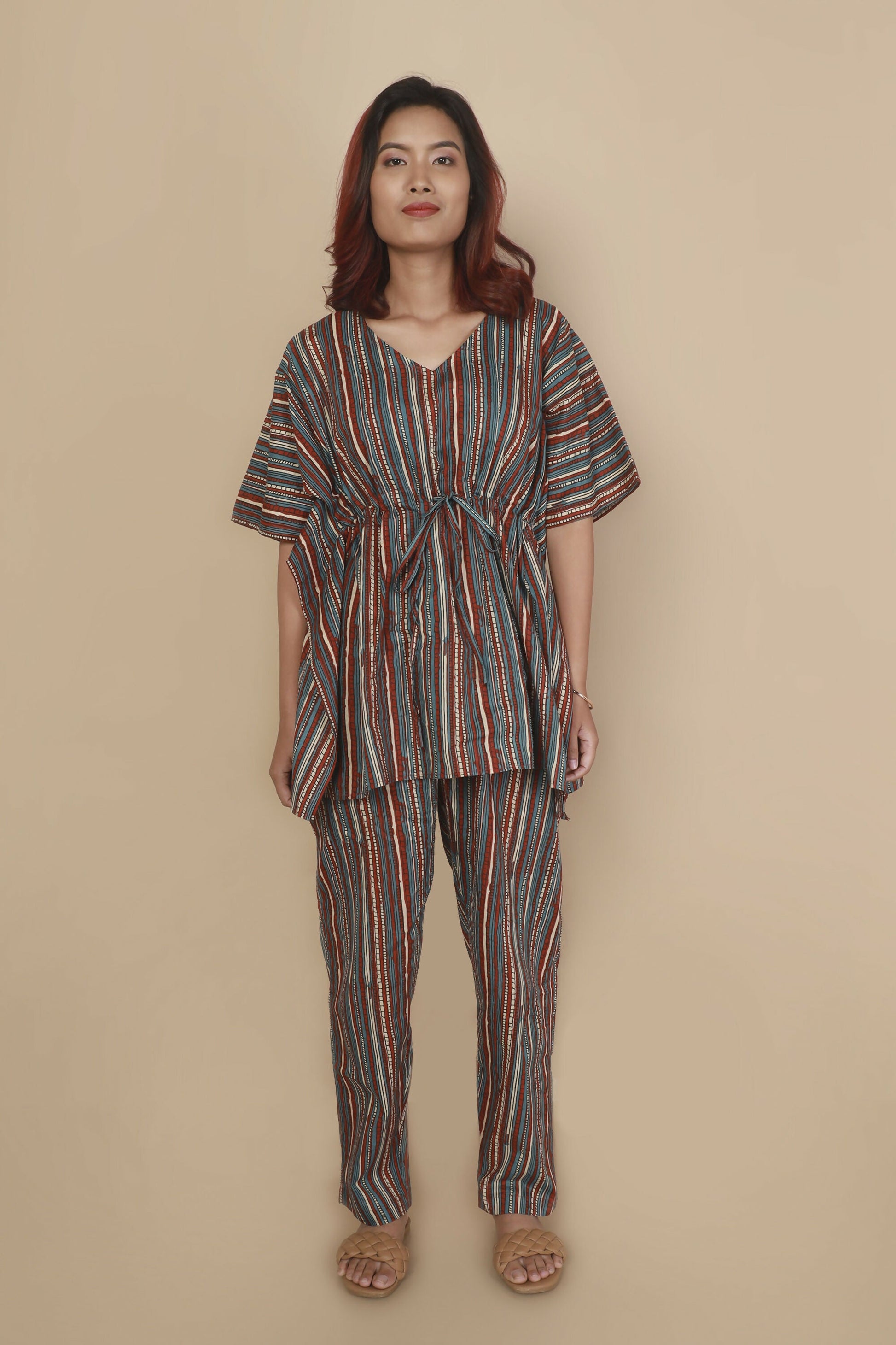 Breathables Women’S Loungewear Kaftan Cotton Aqua Blue Stripes Print Co-Ord Set