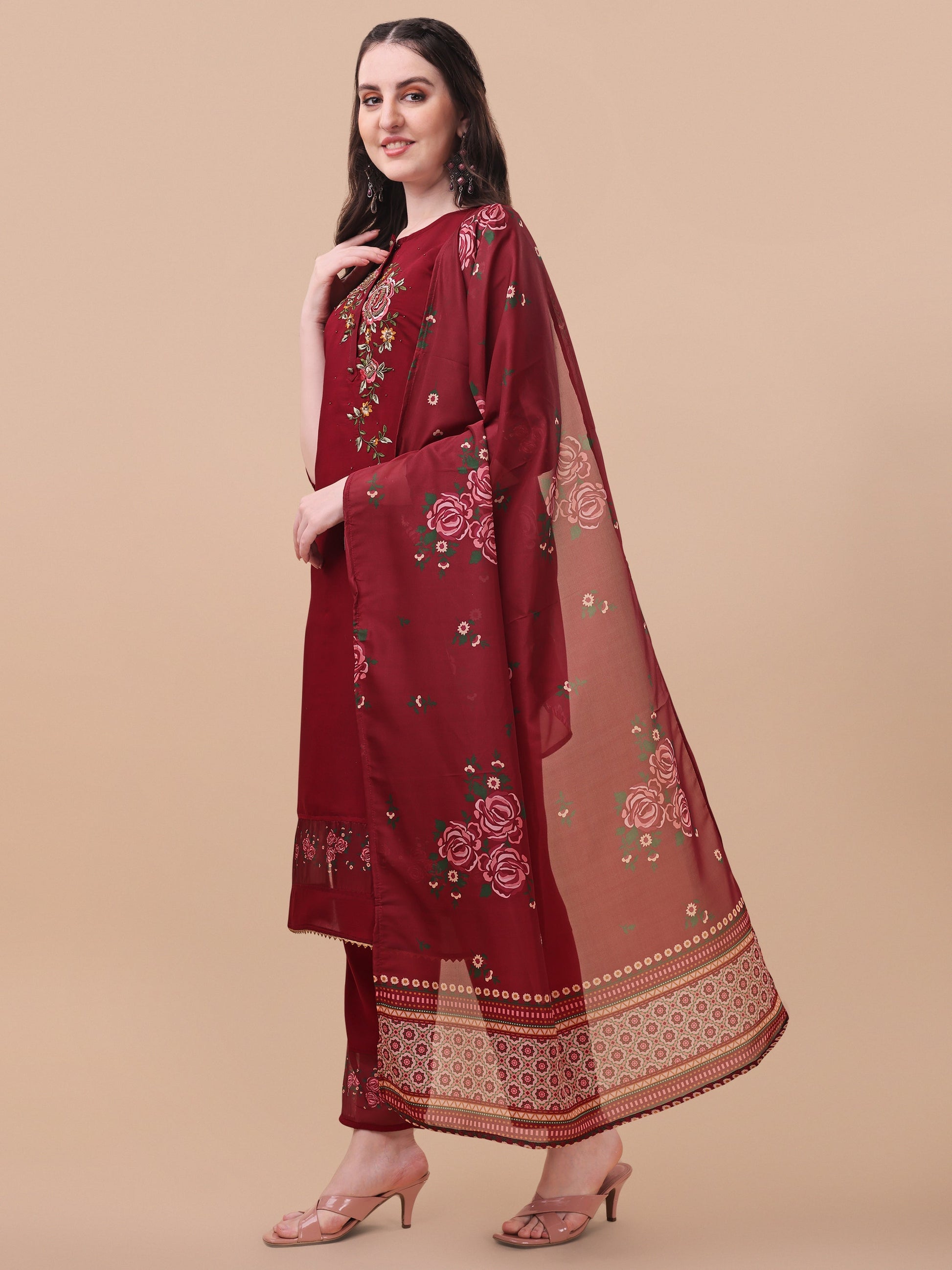 Embroidered Kurta With Pant & Dupatta Set, Multicolor - Hiral Fashion