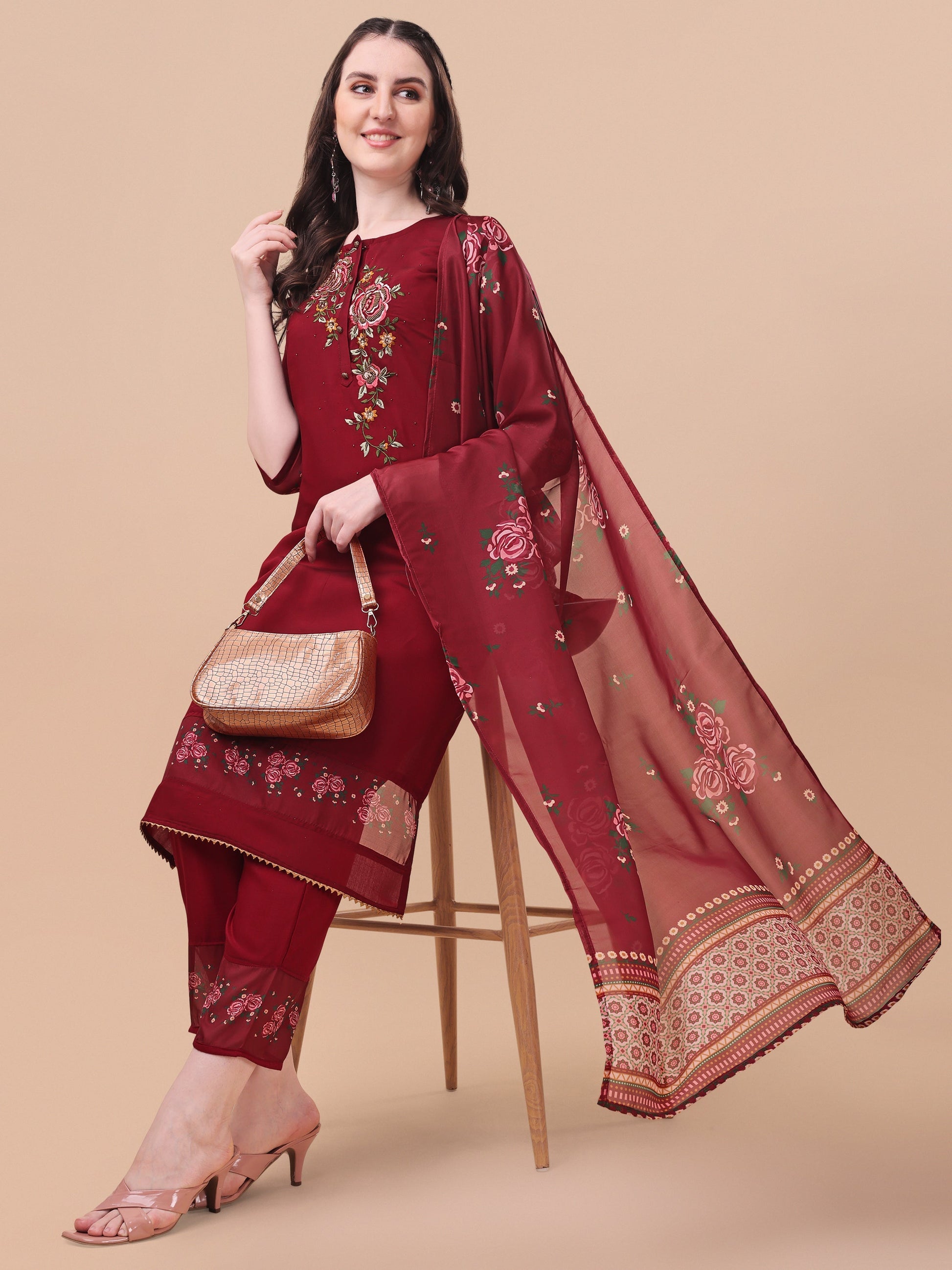 Embroidered Kurta With Pant & Dupatta Set, Multicolor - Hiral Fashion