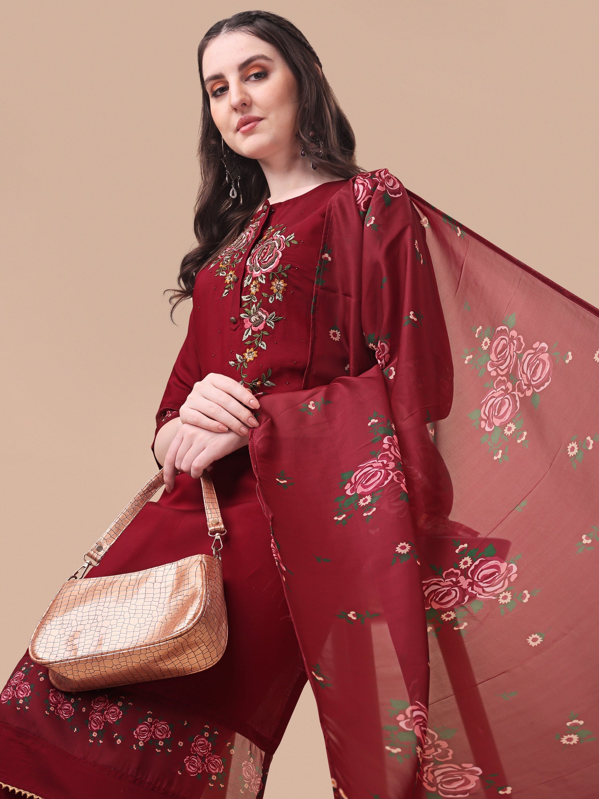 Embroidered Kurta With Pant & Dupatta Set, Multicolor - Hiral Fashion