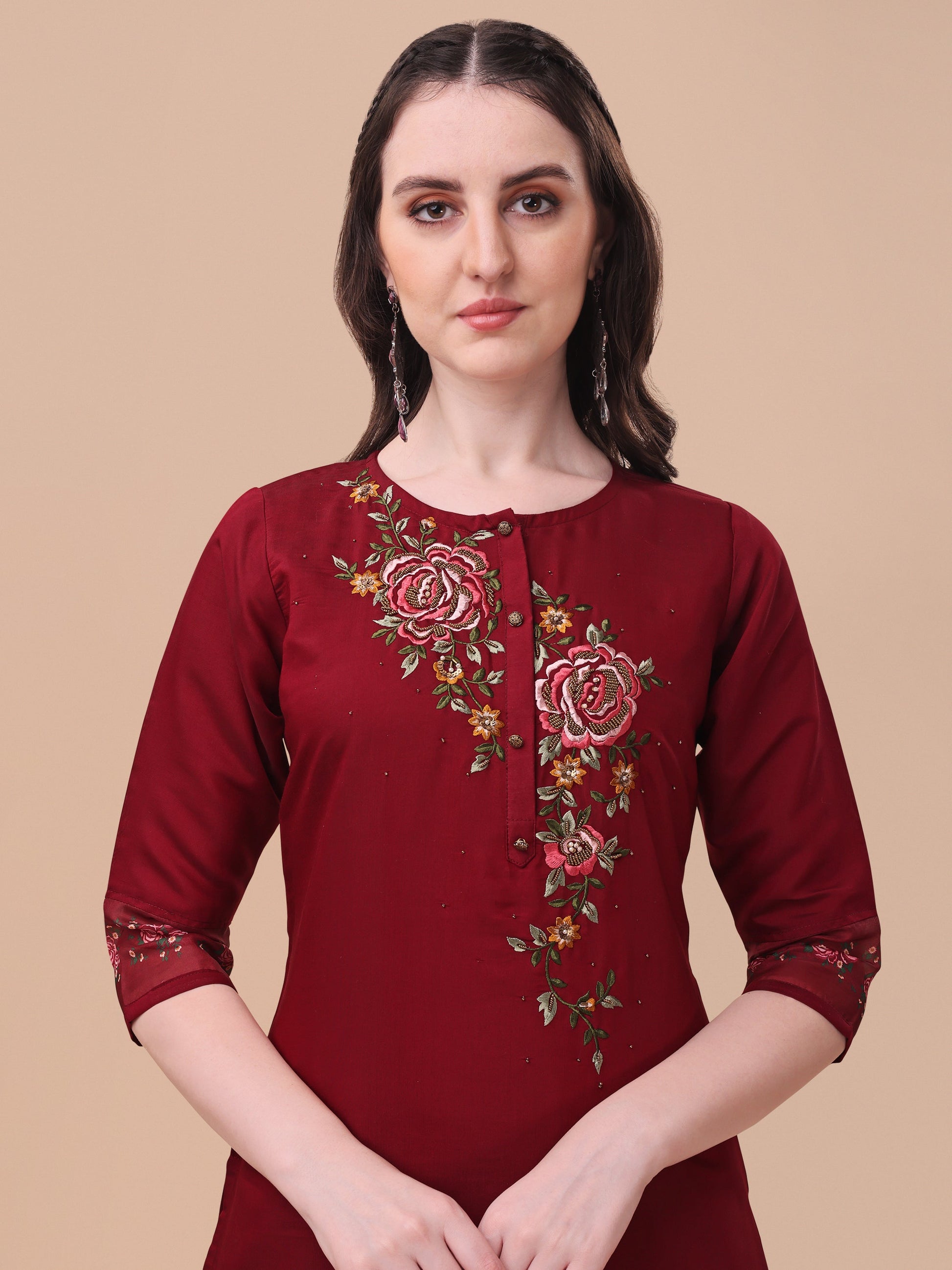Embroidered Kurta With Pant & Dupatta Set, Multicolor - Hiral Fashion