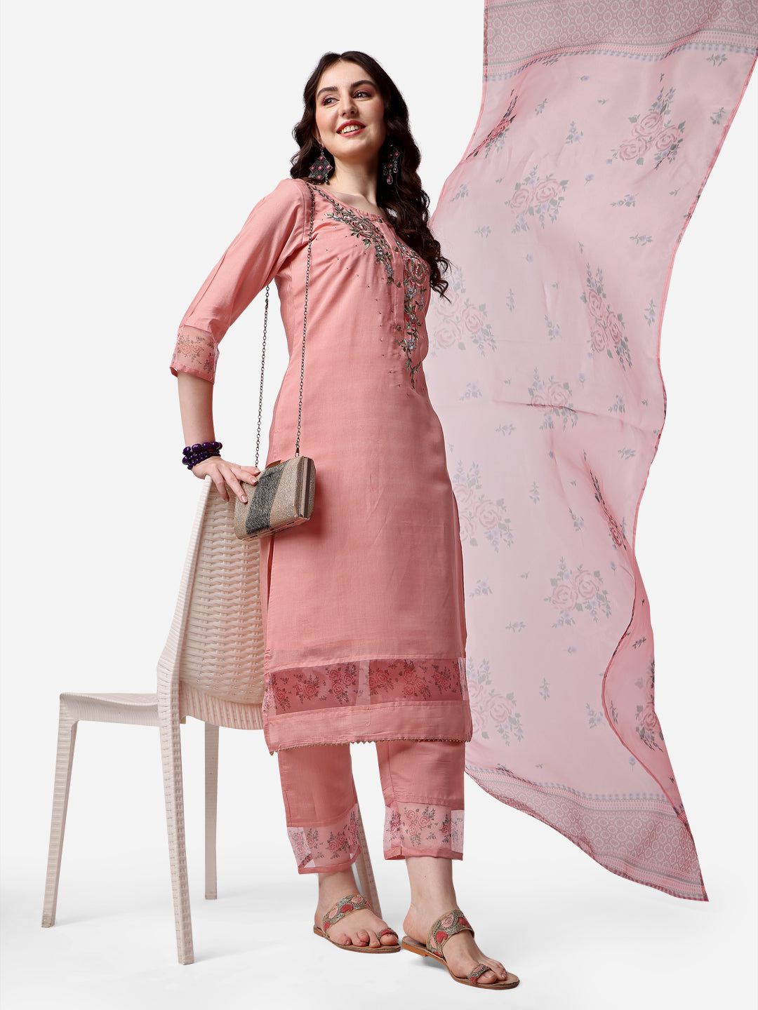 Embroidered Kurta With Pant & Dupatta Set, Multicolor - Hiral Fashion