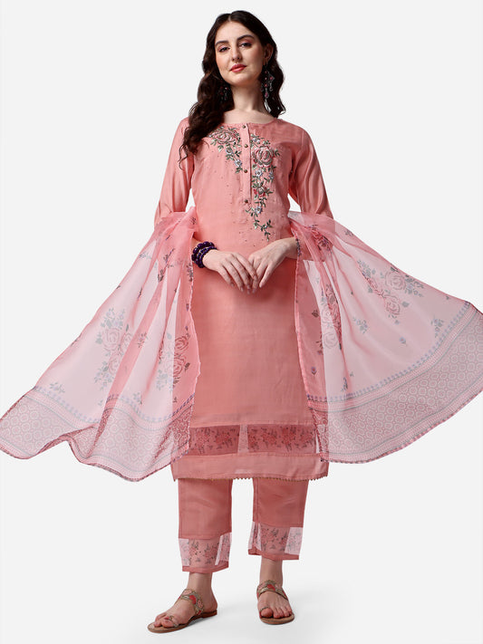 Embroidered Kurta With Pant & Dupatta Set, Multicolor - Hiral Fashion