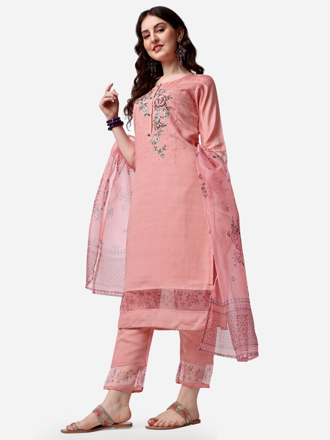 Embroidered Kurta With Pant & Dupatta Set, Multicolor - Hiral Fashion