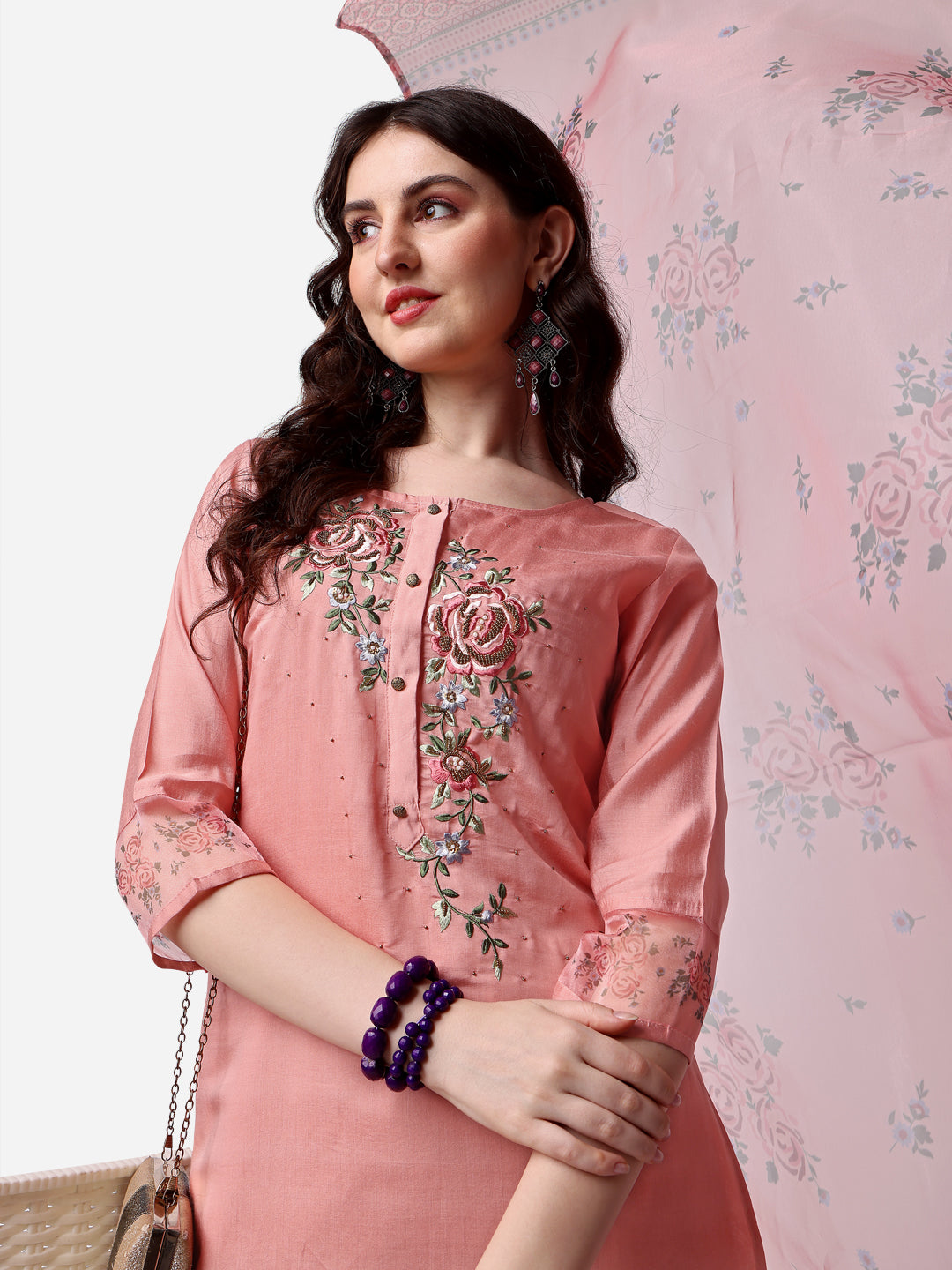 Embroidered Kurta With Pant & Dupatta Set, Multicolor - Hiral Fashion