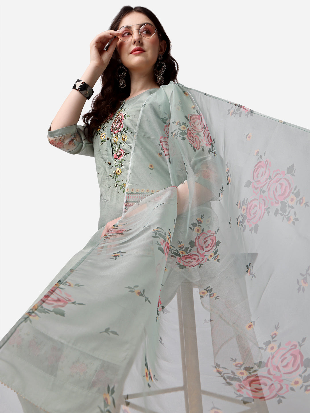 Embroidered Kurta With Pant & Dupatta Set, Multicolor - Hiral Fashion