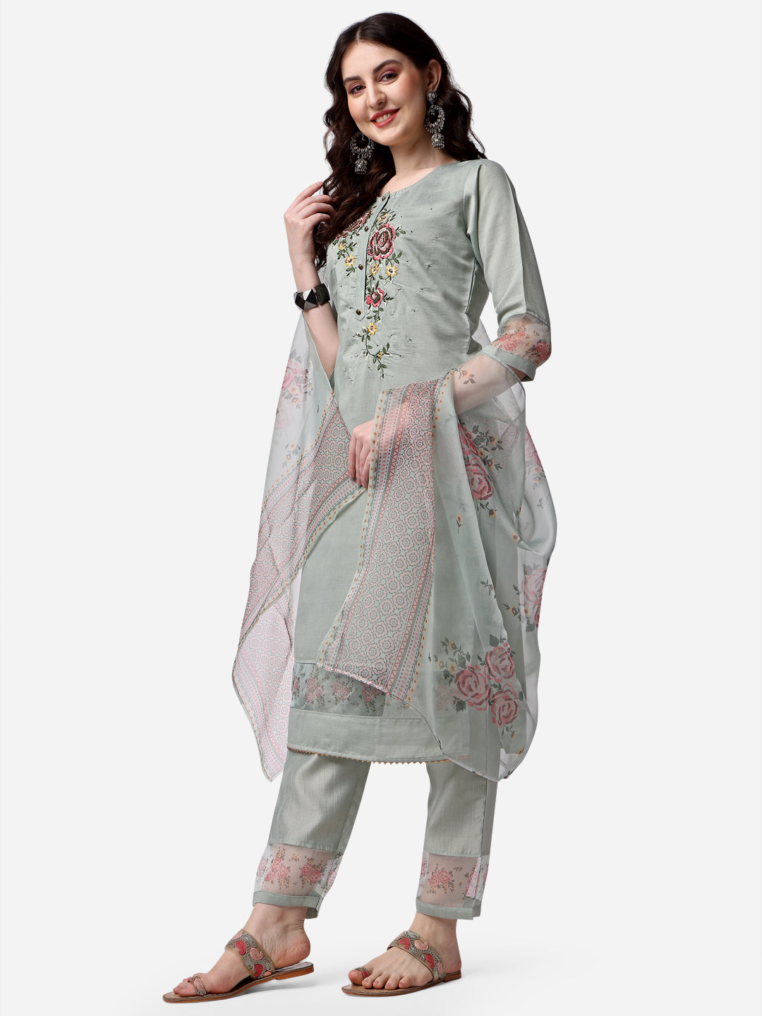 Embroidered Kurta With Pant & Dupatta Set, Multicolor - Hiral Fashion