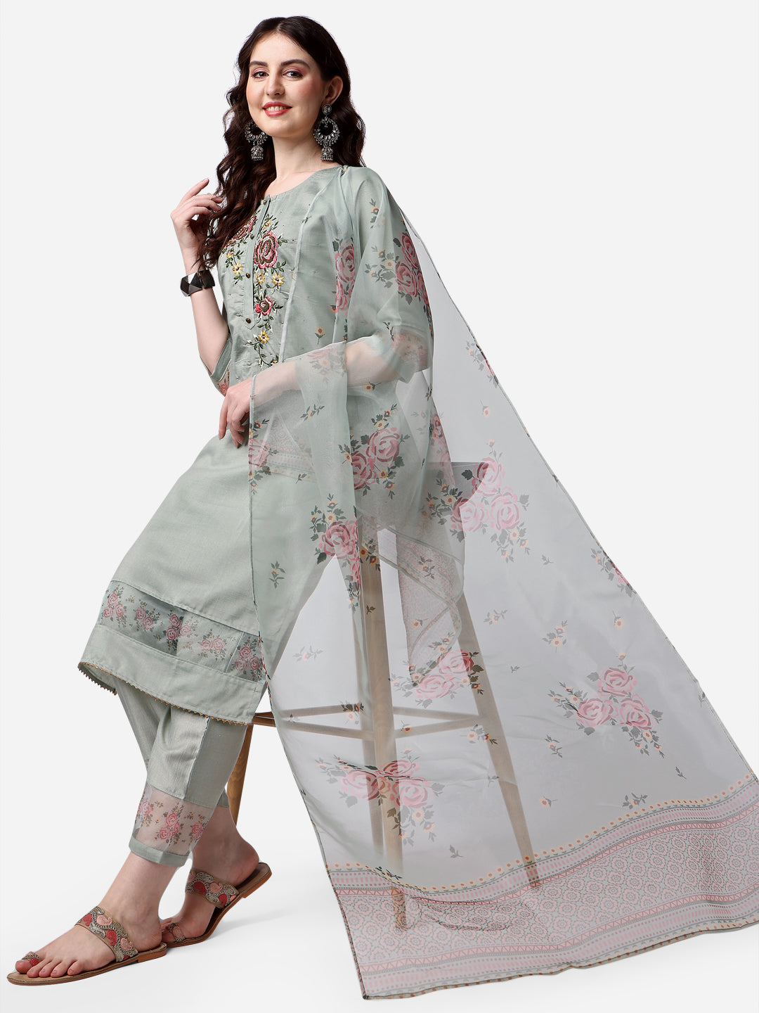 Embroidered Kurta With Pant & Dupatta Set, Multicolor - Hiral Fashion