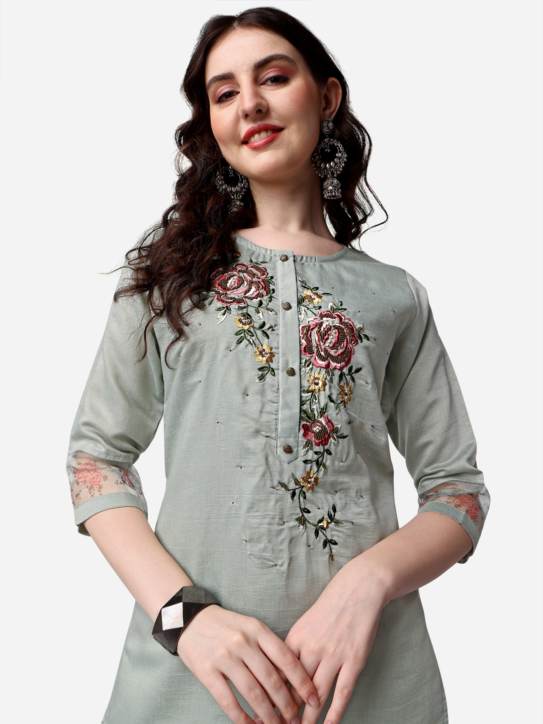 Embroidered Kurta With Pant & Dupatta Set, Multicolor - Hiral Fashion