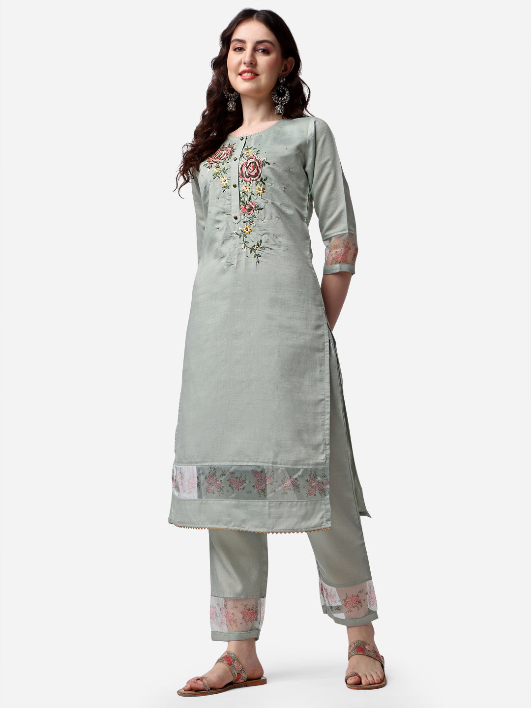 Embroidered Kurta With Pant & Dupatta Set, Multicolor - Hiral Fashion