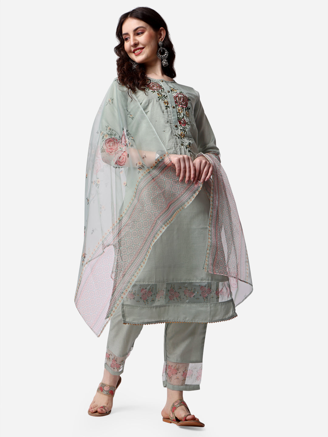 Embroidered Kurta With Pant & Dupatta Set, Multicolor - Hiral Fashion