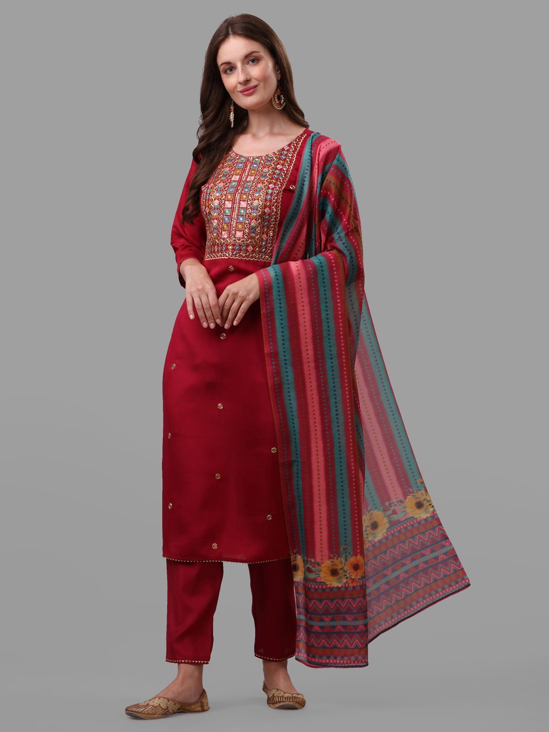 Fuchisia Embroidered Kurta Pant & Dupatta Set, Multicolor - Hiral Fashion