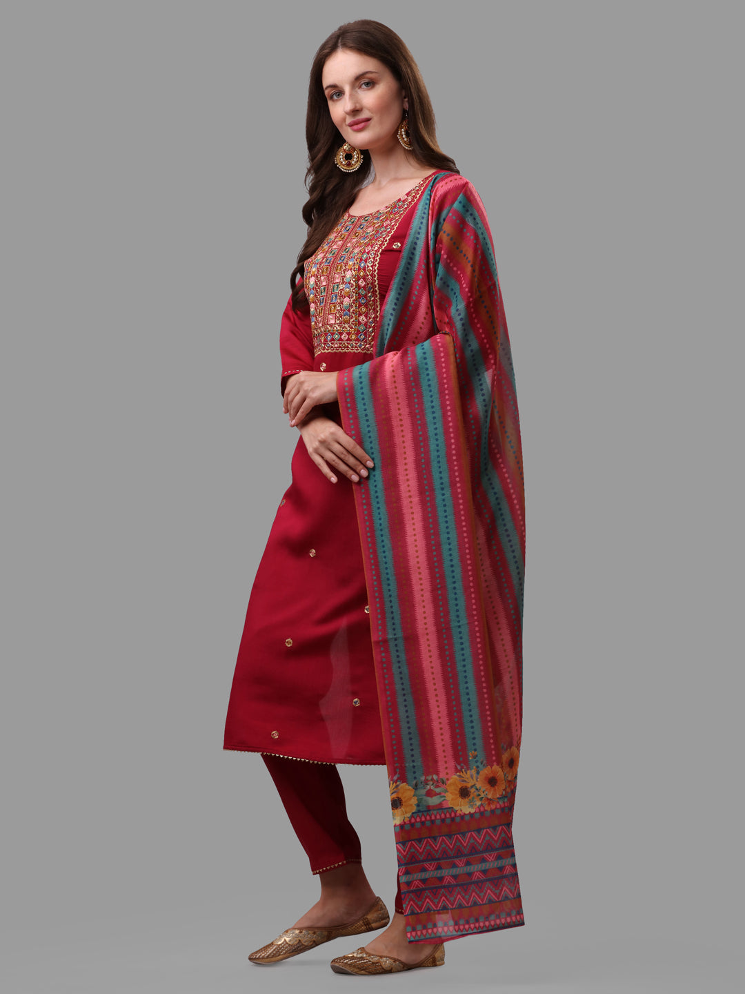 Fuchisia Embroidered Kurta Pant & Dupatta Set, Multicolor - Hiral Fashion