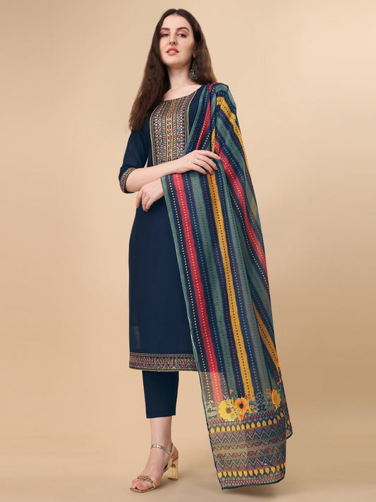 Teal Blue Embroidered Kurta Pant & Dupatta Set, Multicolor - Hiral Fashion