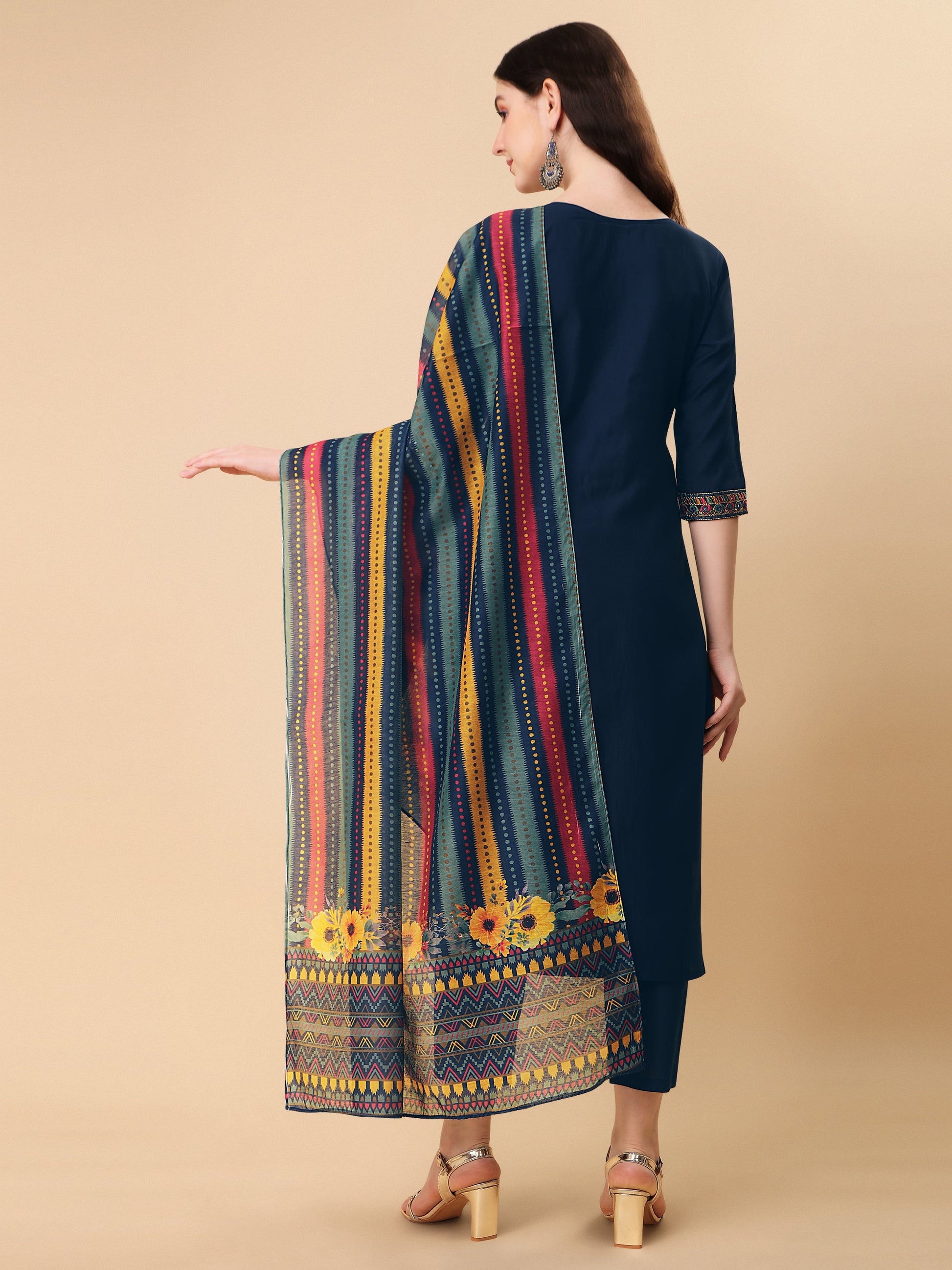 Teal Blue Embroidered Kurta Pant & Dupatta Set, Multicolor - Hiral Fashion