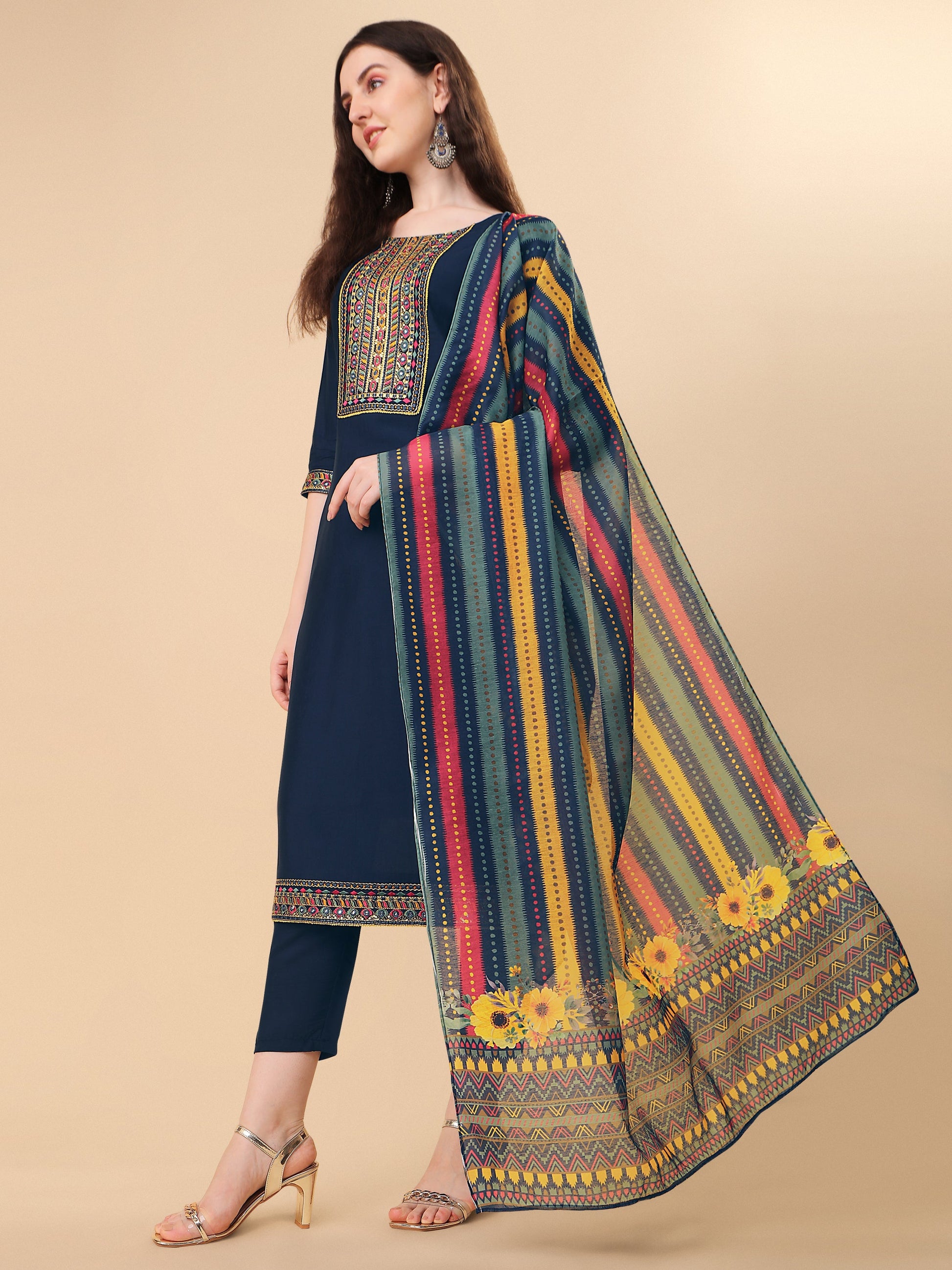 Teal Blue Embroidered Kurta Pant & Dupatta Set, Multicolor - Hiral Fashion