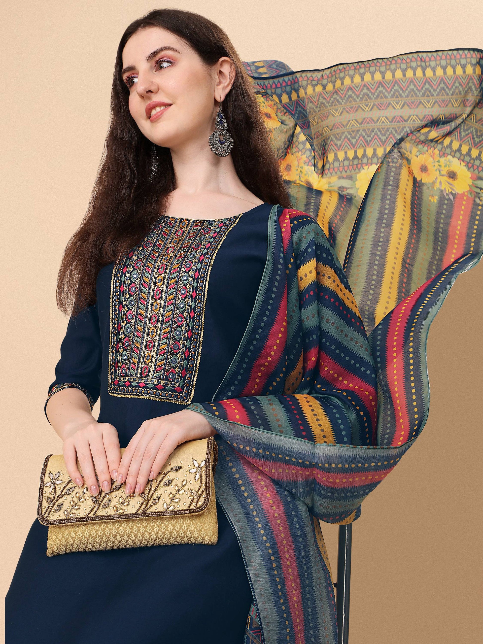 Teal Blue Embroidered Kurta Pant & Dupatta Set, Multicolor - Hiral Fashion