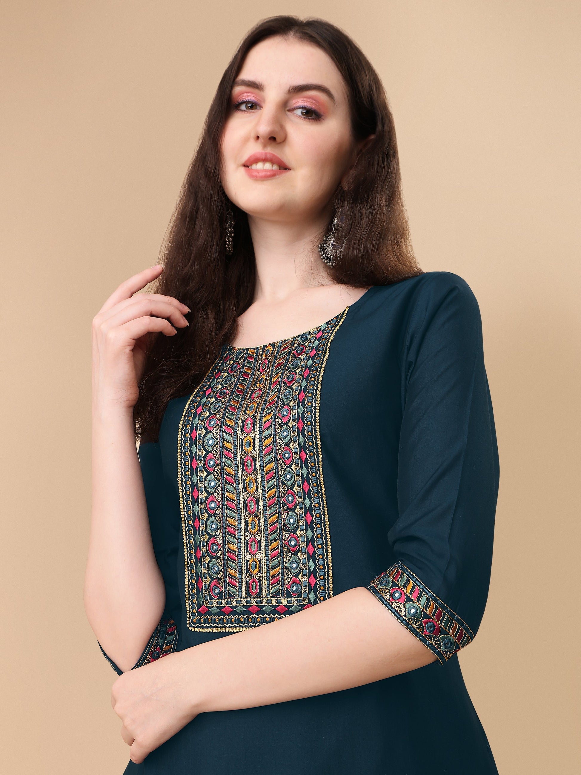 Teal Blue Embroidered Kurta Pant & Dupatta Set, Multicolor - Hiral Fashion