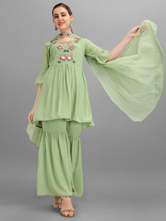 Hand Embroidered Georgette Kurta With Sharara & Dupatta Set, Multicolor - Hiral Fashion